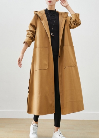 Plus Maat Kaki Zakken Met Capuchon Katoenen Trenchcoat Herfst