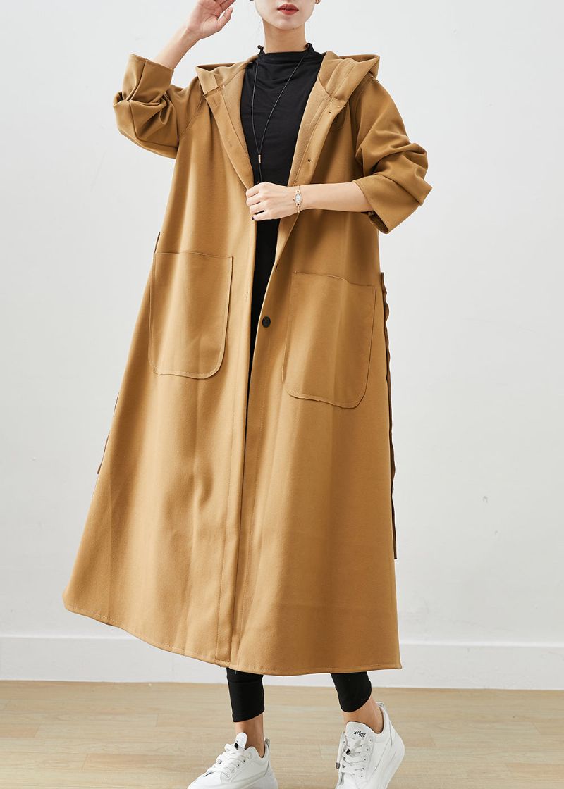 Plus Maat Kaki Zakken Met Capuchon Katoenen Trenchcoat Herfst - Dames trenchcoats