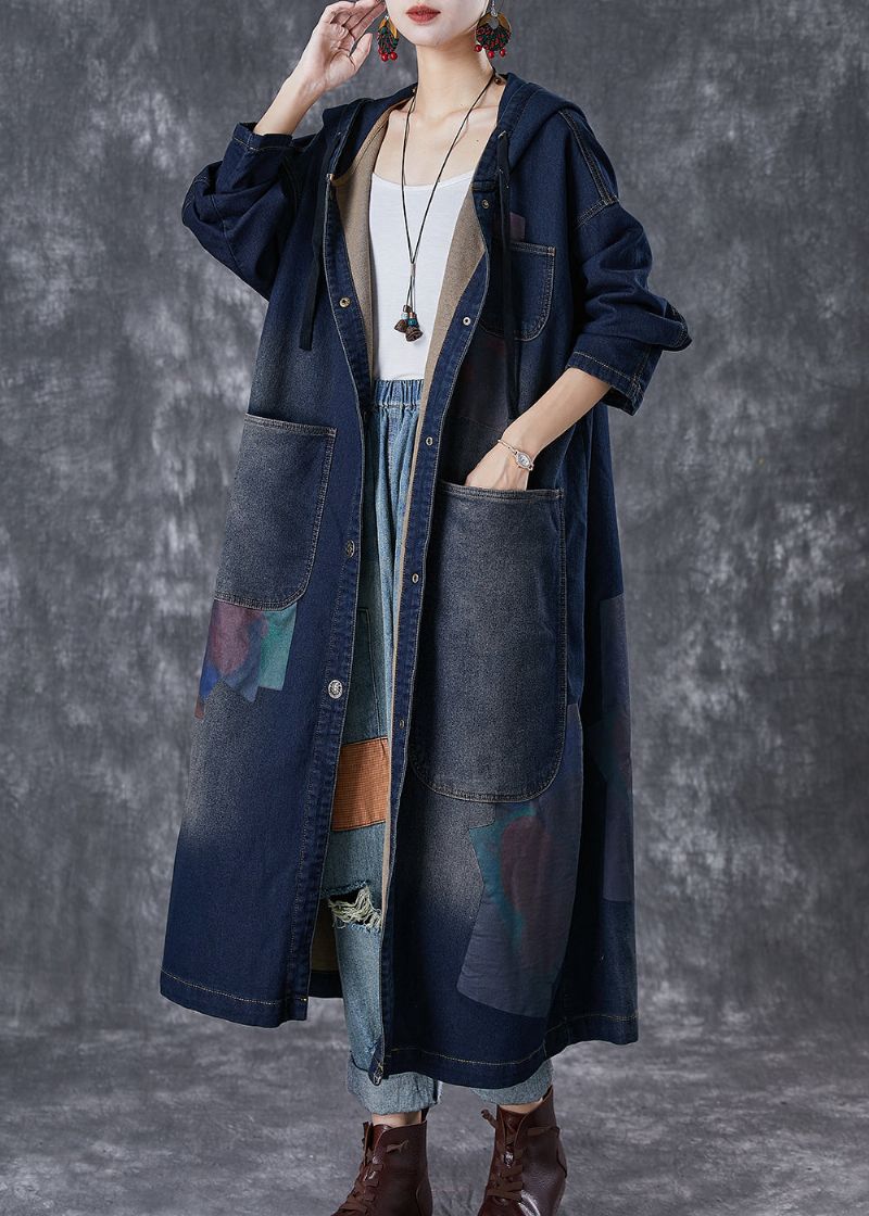 Plus Maat Marine Capuchon Asymmetrische Grote Zakken Denim Trench Herfst