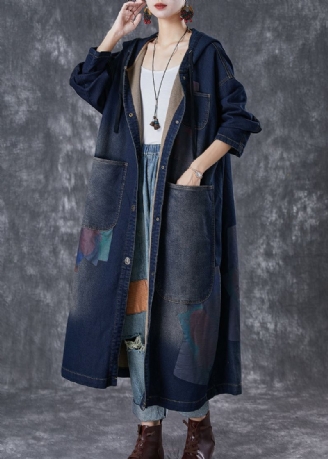 Plus Maat Marine Capuchon Asymmetrische Grote Zakken Denim Trench Herfst