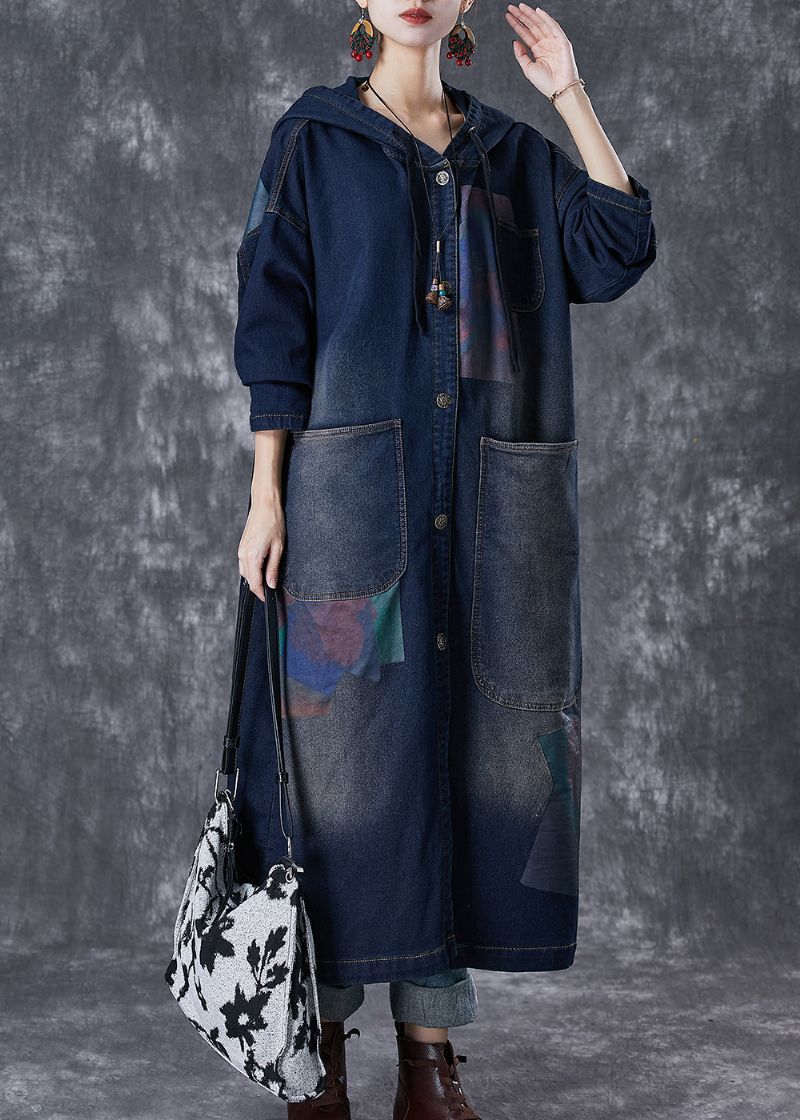 Plus Maat Marine Capuchon Asymmetrische Grote Zakken Denim Trench Herfst - Dames trenchcoats