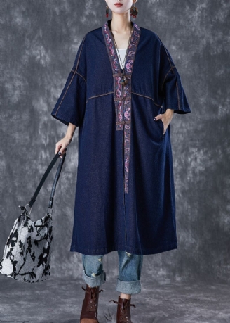 Plus Maat Marineblauw Geborduurde Chinese Knoop Denim Trenchcoat Herfst