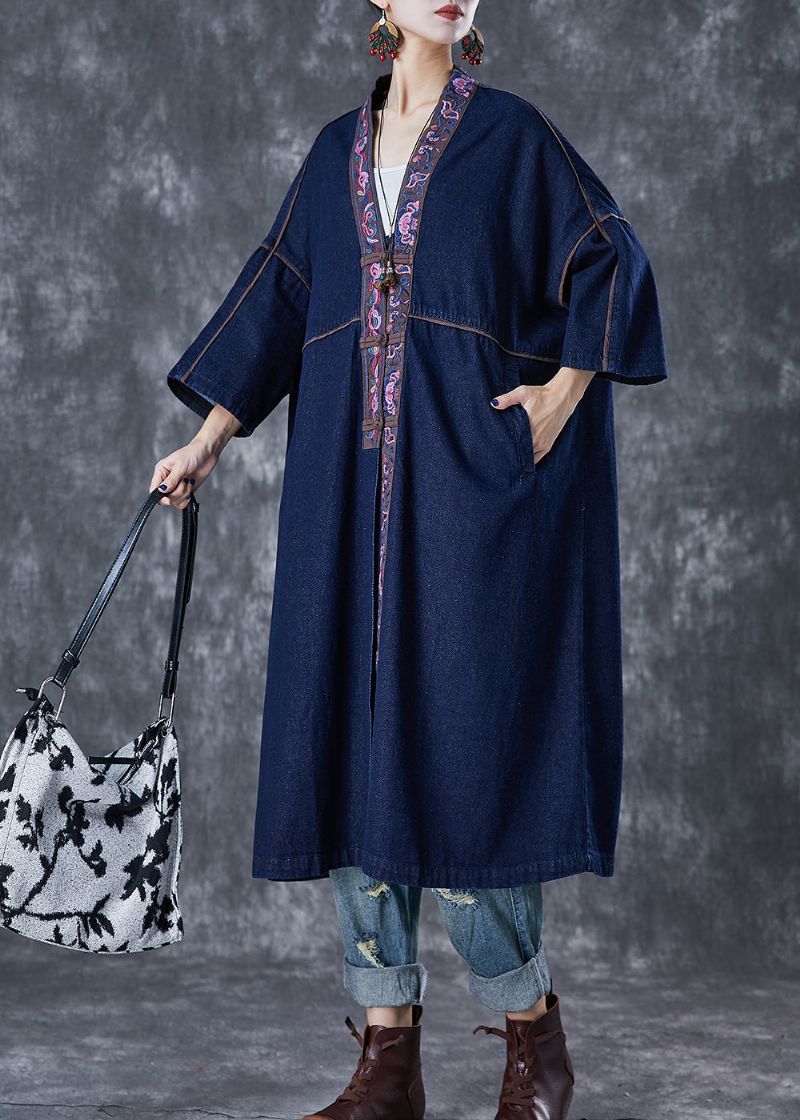 Plus Maat Marineblauw Geborduurde Chinese Knoop Denim Trenchcoat Herfst - Dames trenchcoats