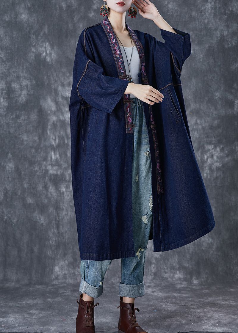 Plus Maat Marineblauw Geborduurde Chinese Knoop Denim Trenchcoat Herfst - Dames trenchcoats