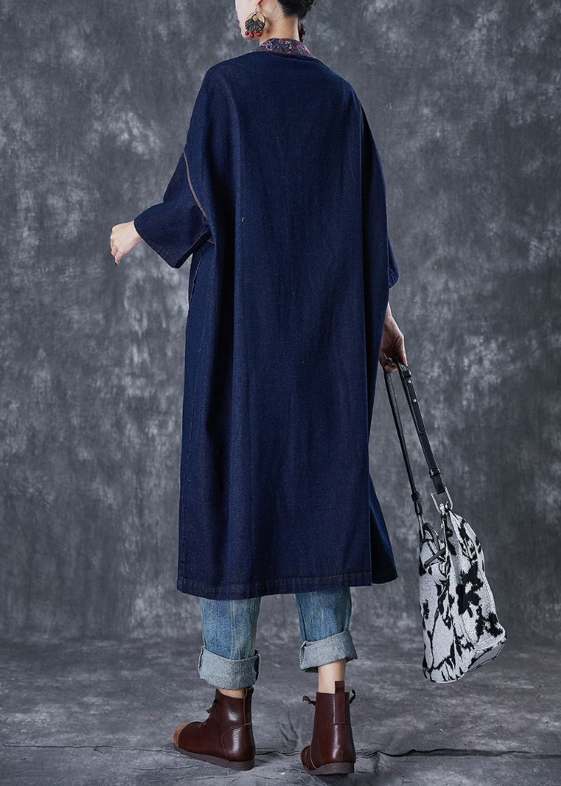 Plus Maat Marineblauw Geborduurde Chinese Knoop Denim Trenchcoat Herfst - Dames trenchcoats