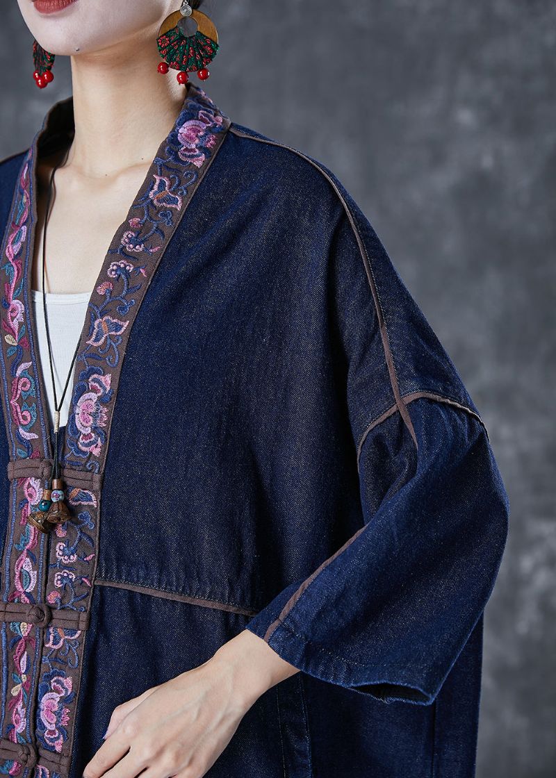 Plus Maat Marineblauw Geborduurde Chinese Knoop Denim Trenchcoat Herfst - Dames trenchcoats