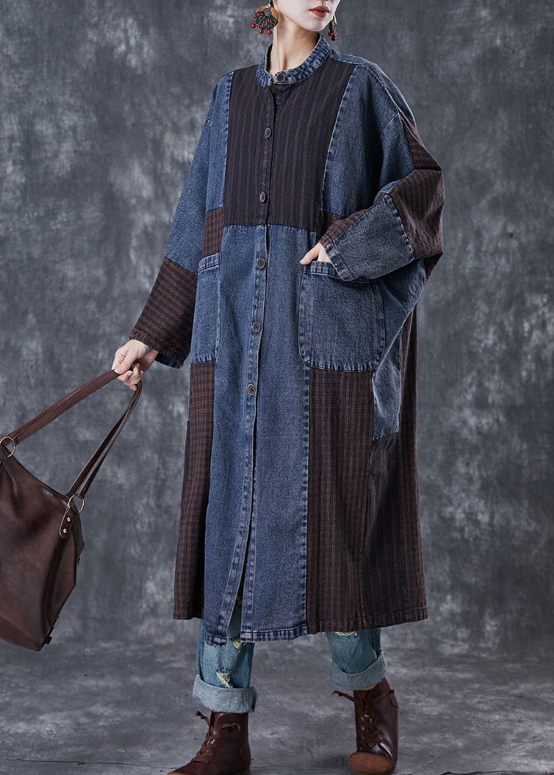 Plus Maat Marineblauw Oversized Denim Trenchcoat Met Patchwork-appliqué Lente