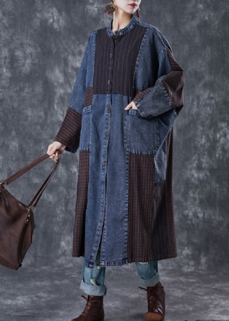 Plus Maat Marineblauw Oversized Denim Trenchcoat Met Patchwork-appliqué Lente