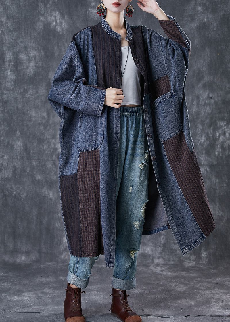 Plus Maat Marineblauw Oversized Denim Trenchcoat Met Patchwork-appliqué Lente - Dames trenchcoats