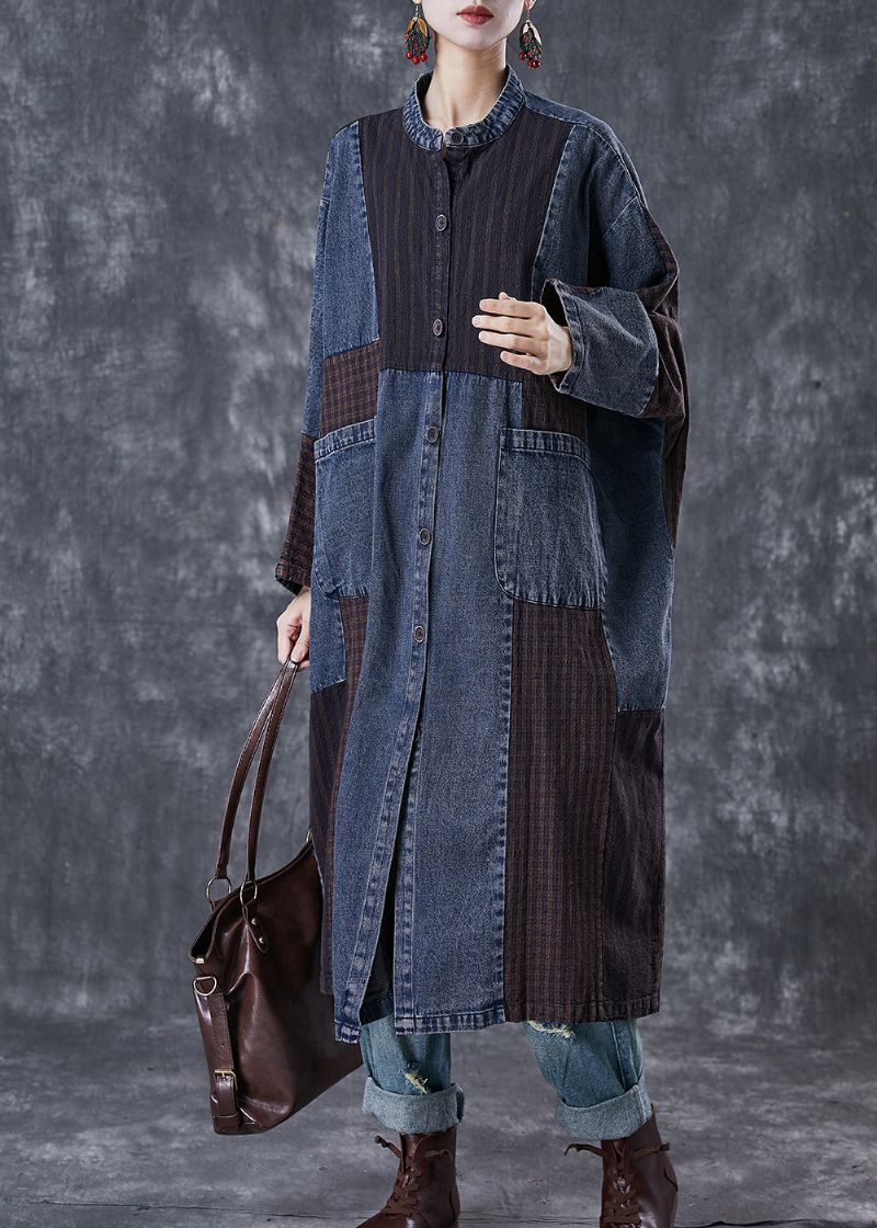 Plus Maat Marineblauw Oversized Denim Trenchcoat Met Patchwork-appliqué Lente - Dames trenchcoats