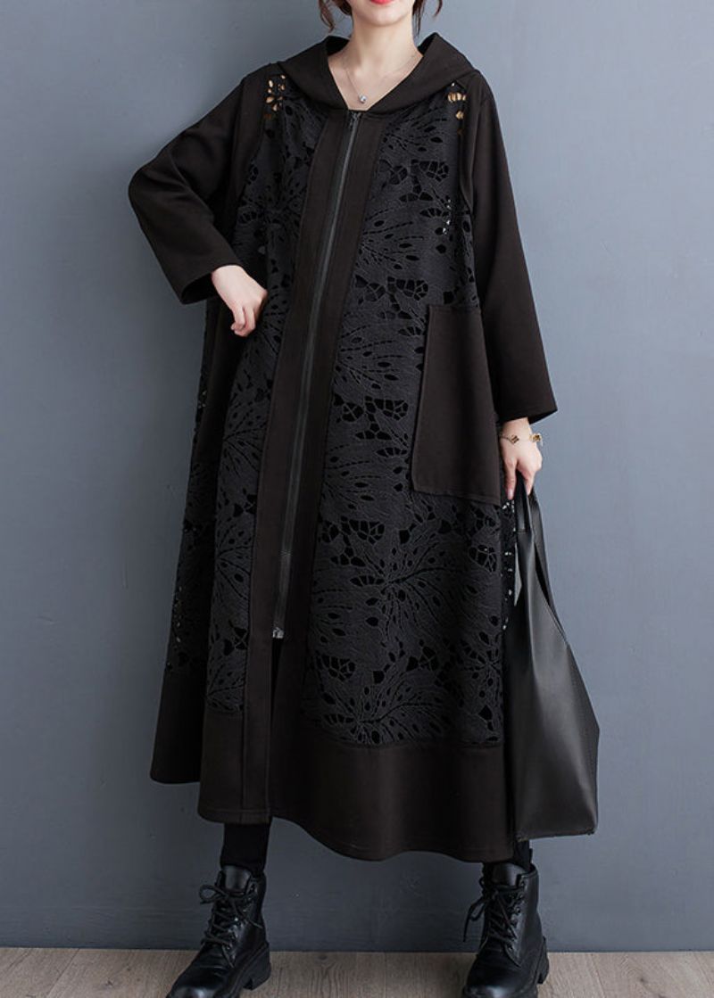 Plus Maat Zwart Oversized Patchwork Uitgeholde Katoenen Jas Lente - Dames trenchcoats