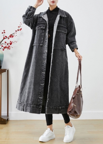 Plus Maat Zwarte Oversized Zakken Denim Trenchcoats Herfst