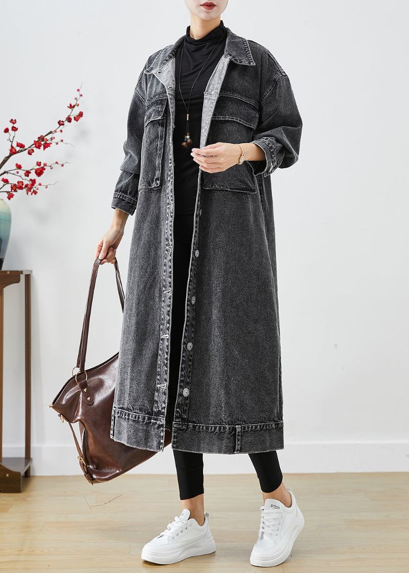 Plus Maat Zwarte Oversized Zakken Denim Trenchcoats Herfst - Dames trenchcoats