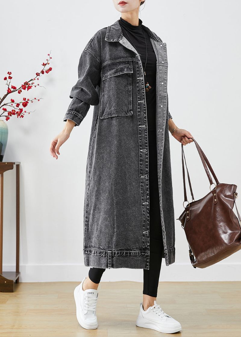 Plus Maat Zwarte Oversized Zakken Denim Trenchcoats Herfst - Dames trenchcoats