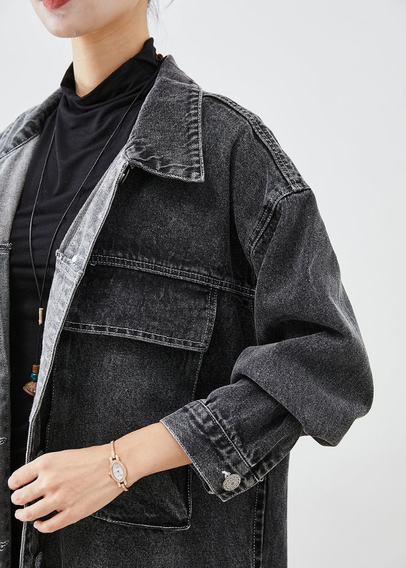 Plus Maat Zwarte Oversized Zakken Denim Trenchcoats Herfst - Dames trenchcoats