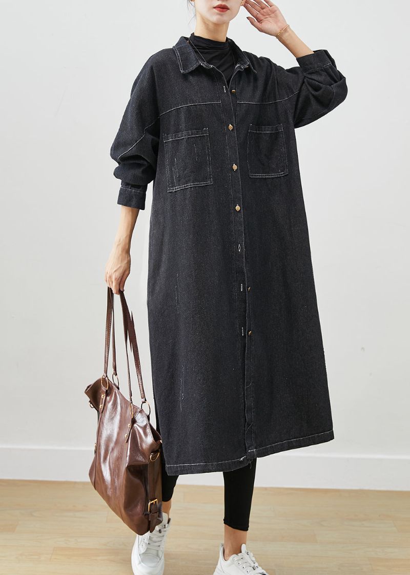 Plus Maat Zwarte Oversized Zakken Katoenen Jassen Herfst - Dames trenchcoats