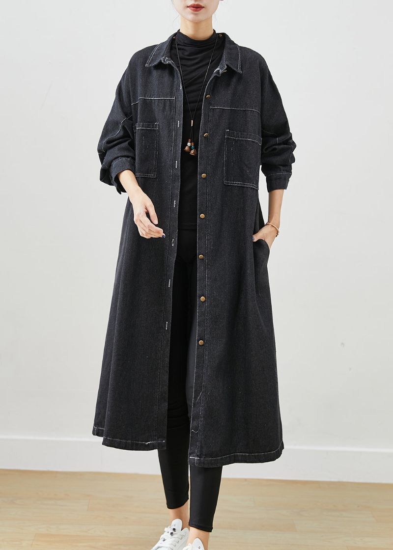 Plus Maat Zwarte Oversized Zakken Katoenen Jassen Herfst - Dames trenchcoats