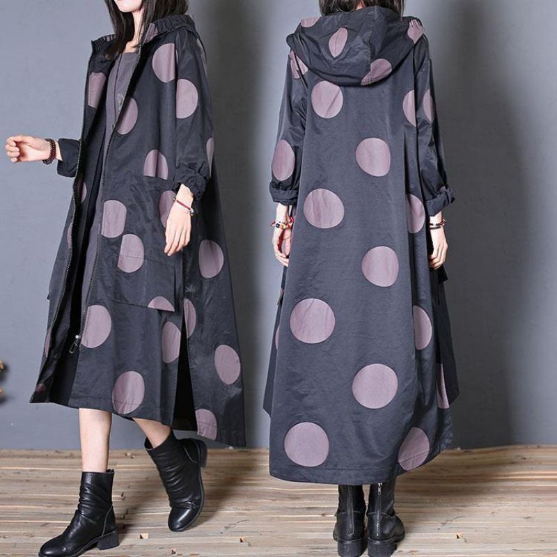 Plus Size Herfstjas Zwarte Gestippelde Zakken Met Capuchon Damesjas - Dames trenchcoats