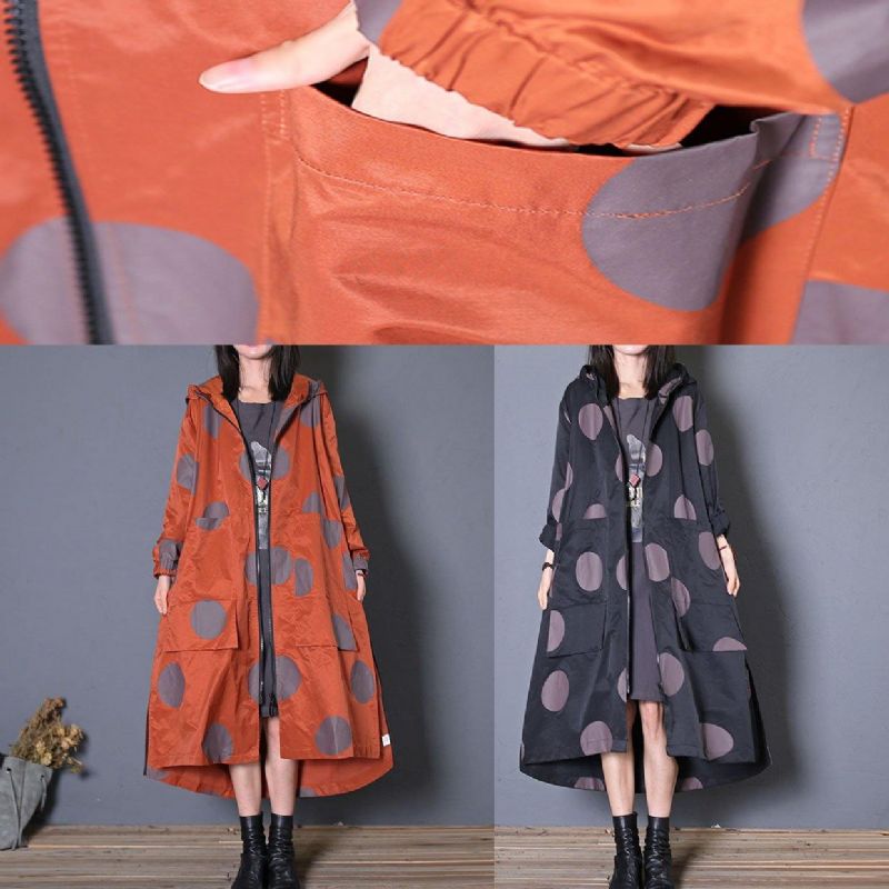 Plus Size Herfstjas Zwarte Gestippelde Zakken Met Capuchon Damesjas - Dames trenchcoats