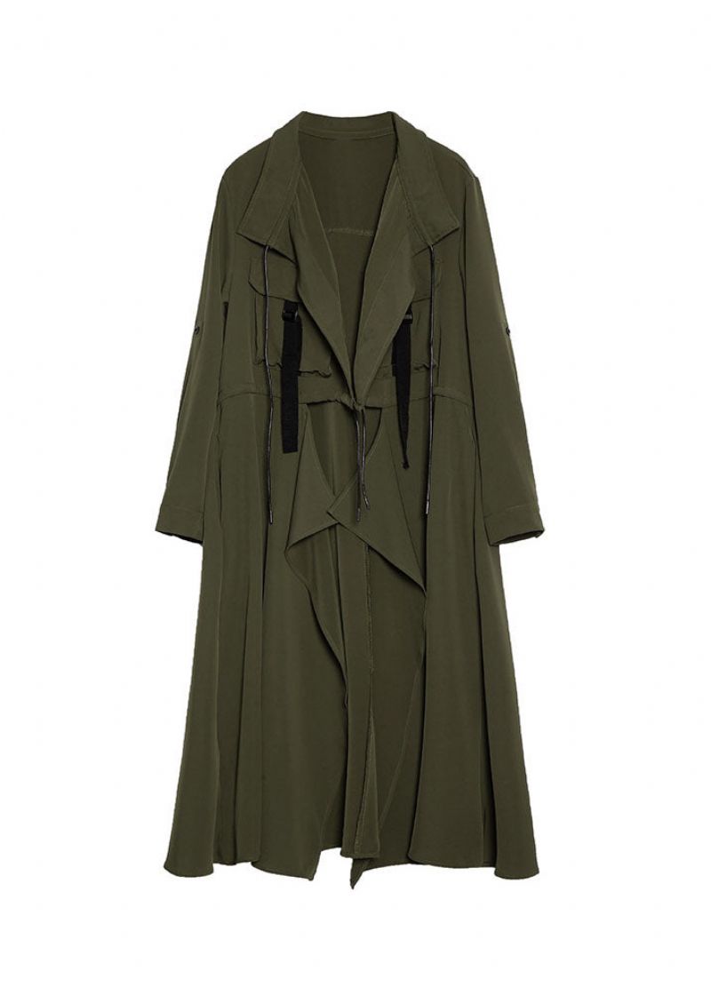 Plus Size Legergroene Zakken Peter Pan-kraag Asymmetrische Trenchcoat Lente - Dames trenchcoats