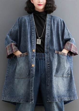 Retro Blauwe V-hals Gestreepte Patchwork Denim Trenchcoat Met Lange Mouwen