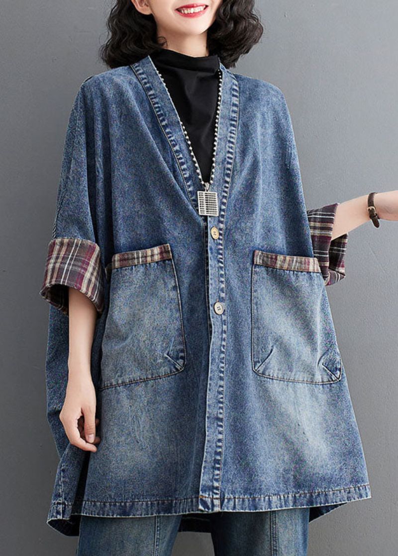 Retro Blauwe V-hals Gestreepte Patchwork Denim Trenchcoat Met Lange Mouwen - Rood