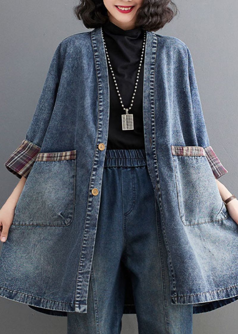 Retro Blauwe V-hals Gestreepte Patchwork Denim Trenchcoat Met Lange Mouwen - Rood