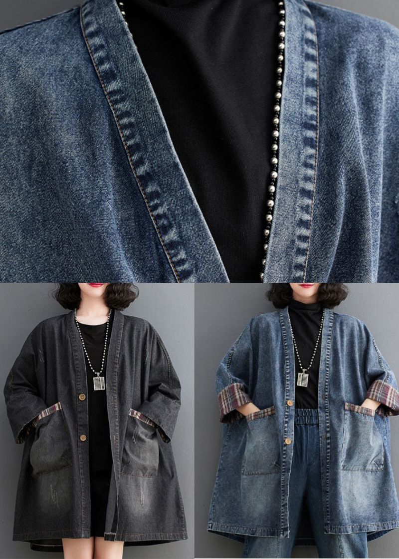 Retro Blauwe V-hals Gestreepte Patchwork Denim Trenchcoat Met Lange Mouwen - Rood