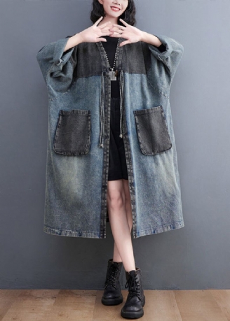 Retro Blauwe V-hals Zakken Patchwork Knoop Denim Lange Trenchcoats Herfst