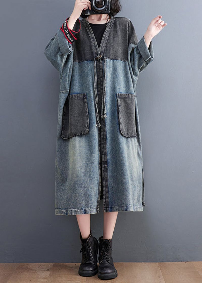 Retro Blauwe V-hals Zakken Patchwork Knoop Denim Lange Trenchcoats Herfst - Dames trenchcoats