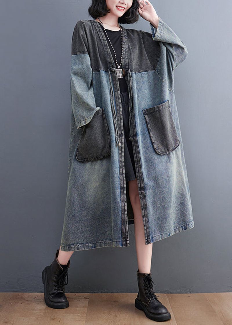 Retro Blauwe V-hals Zakken Patchwork Knoop Denim Lange Trenchcoats Herfst - Dames trenchcoats