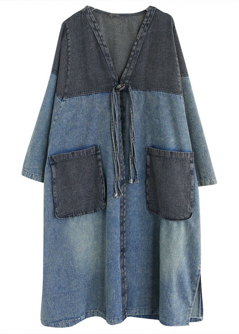 Retro Blauwe V-hals Zakken Patchwork Knoop Denim Lange Trenchcoats Herfst - Dames trenchcoats