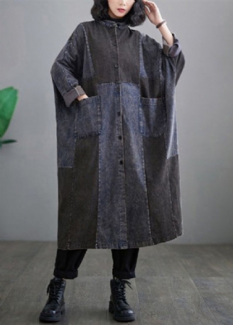 Retro Denimblauw Zakken Patchwork Knoop Lange Trenchcoats Met Mouwen