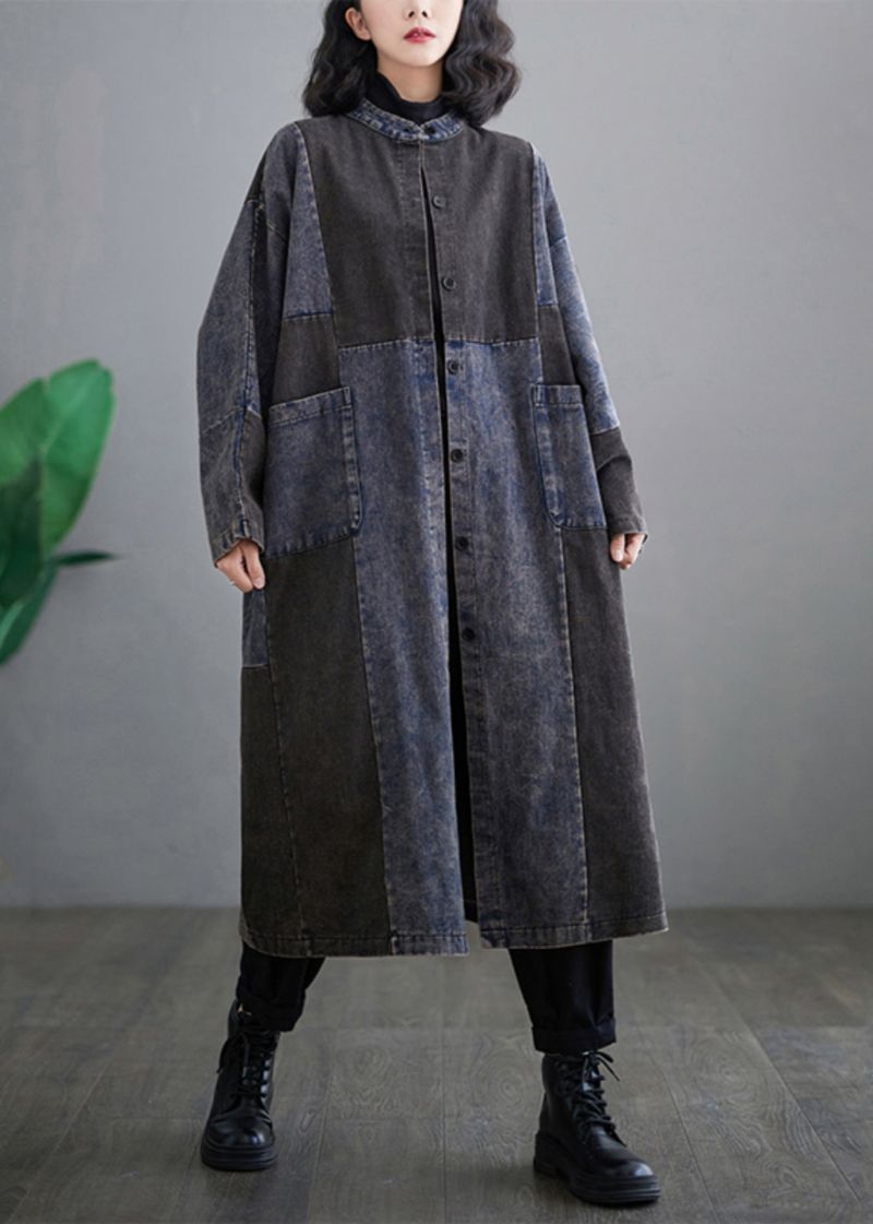 Retro Denimblauw Zakken Patchwork Knoop Lange Trenchcoats Met Mouwen - Dames trenchcoats