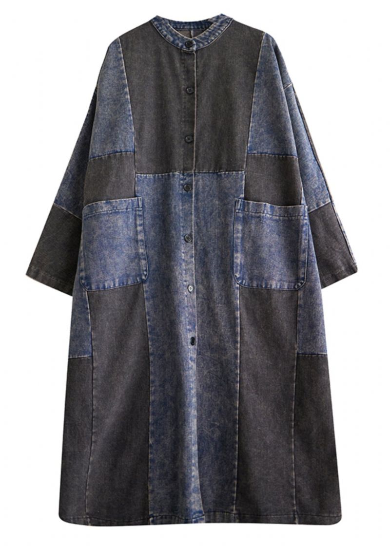 Retro Denimblauw Zakken Patchwork Knoop Lange Trenchcoats Met Mouwen - Dames trenchcoats