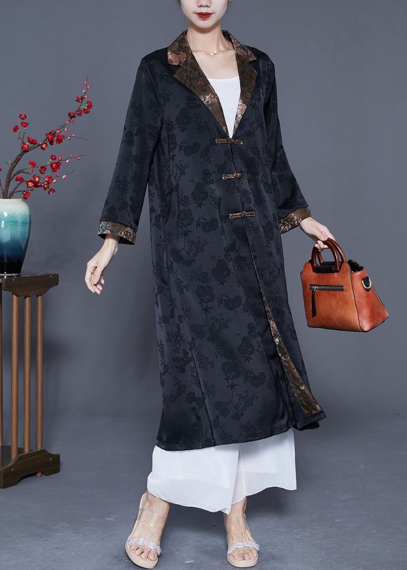 Retro Zwarte Ingekeepte Patchwork Chinese Knop Zijden Trenchcoats Lente - Dames trenchcoats