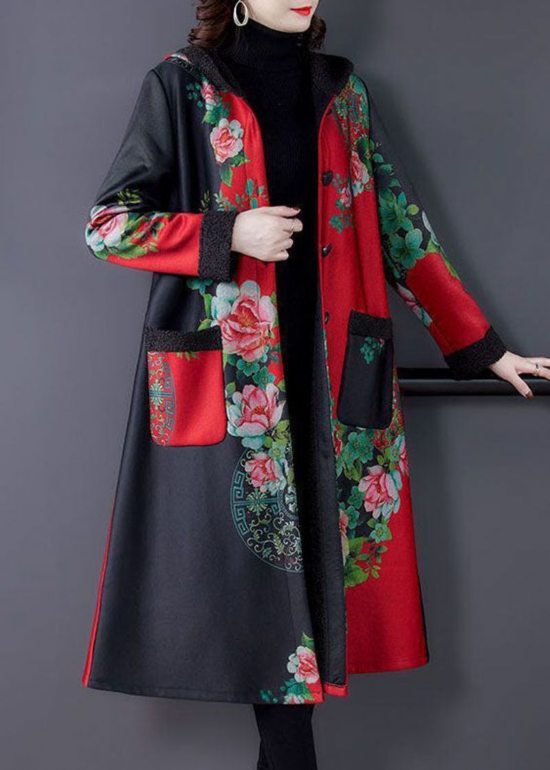 Rode Print Dikke Warme Fleece Losse Trenchcoats Winter - Rood