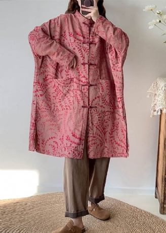 Rode Print Linnen Trenchcoat Oversized Chinese Knop Herfst