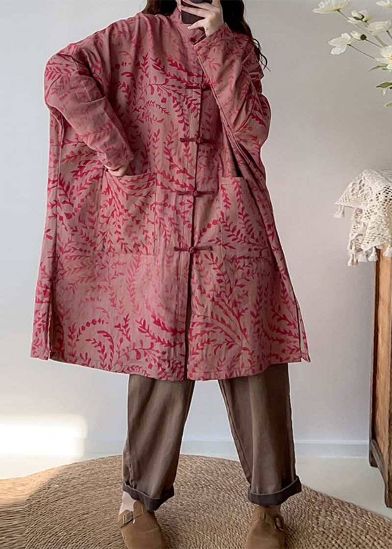 Rode Print Linnen Trenchcoat Oversized Chinese Knop Herfst - Dames trenchcoats