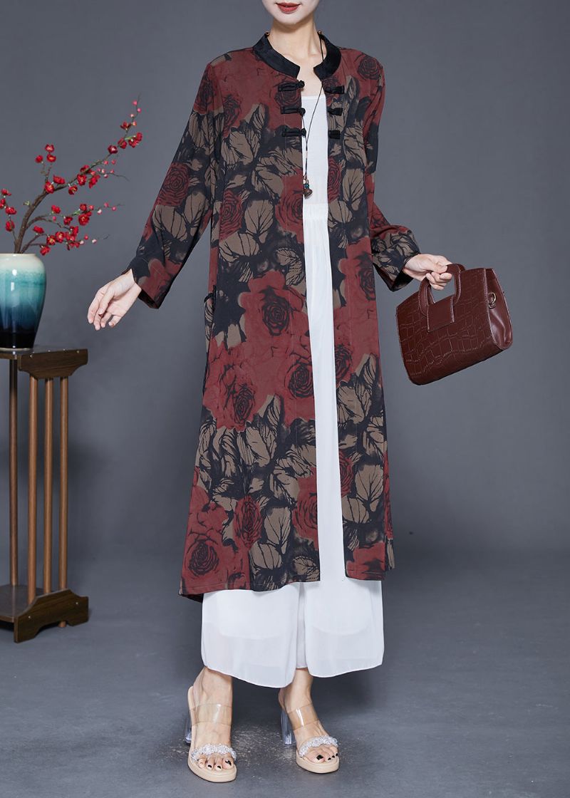 Rode Print Zijden Trenchcoat Oversized Chinese Knoop Herfst