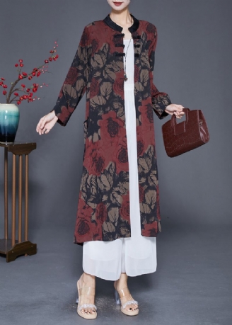 Rode Print Zijden Trenchcoat Oversized Chinese Knoop Herfst