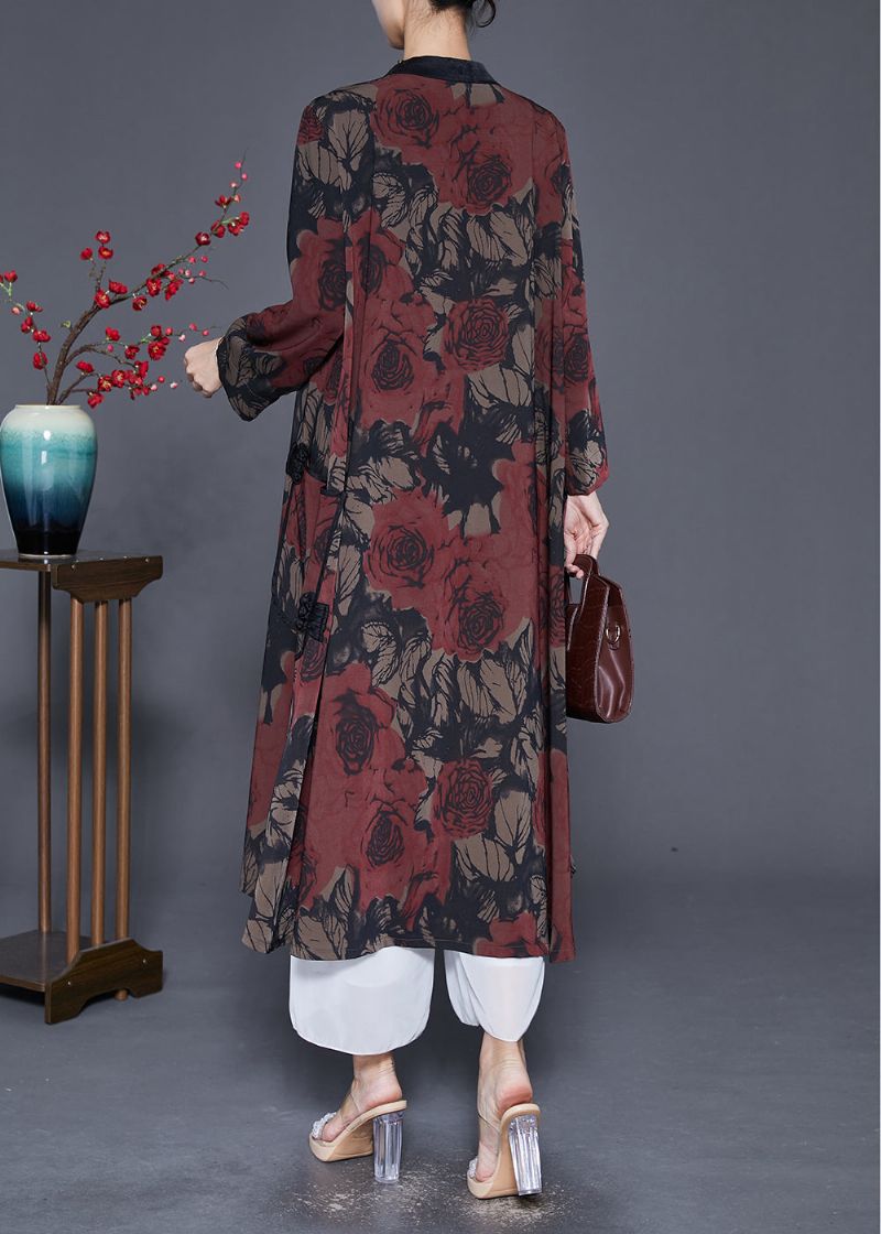 Rode Print Zijden Trenchcoat Oversized Chinese Knoop Herfst - Dames trenchcoats