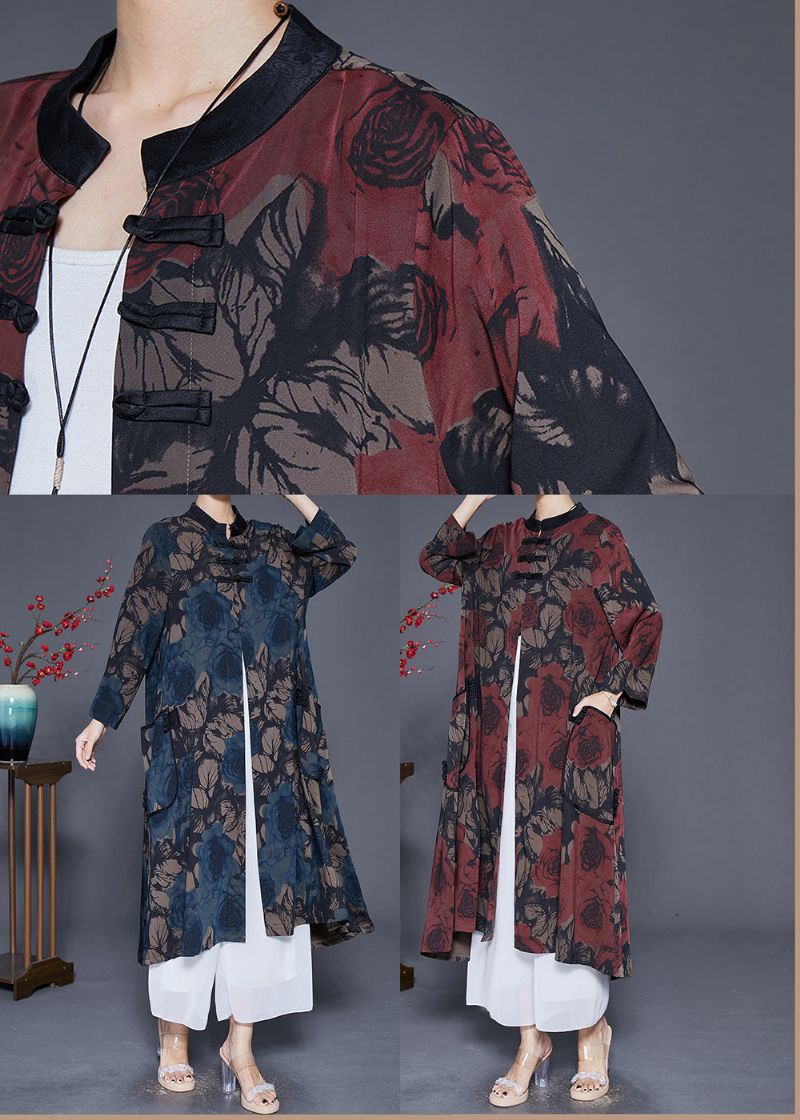 Rode Print Zijden Trenchcoat Oversized Chinese Knoop Herfst - Dames trenchcoats