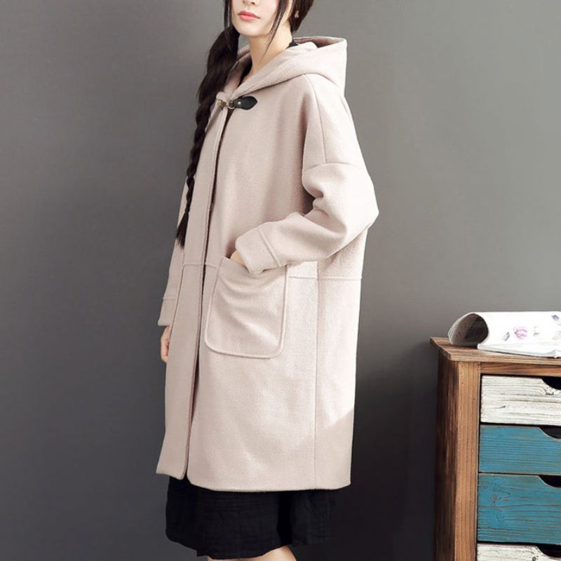 Roze Casual Lange Mouwen Uitloper Losse Trenchcoats Met Capuchon - Jeansblauw