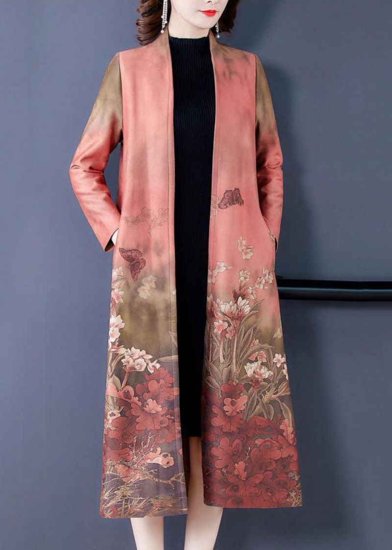 Roze Print Faux Suède Trenchcoats Oversized Lange Mouwen - Roze