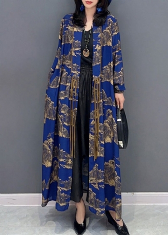 Sexy Blauwe Peter Pan-kraagprint Slanke Maxi-trenchcoats Met Lange Mouwen