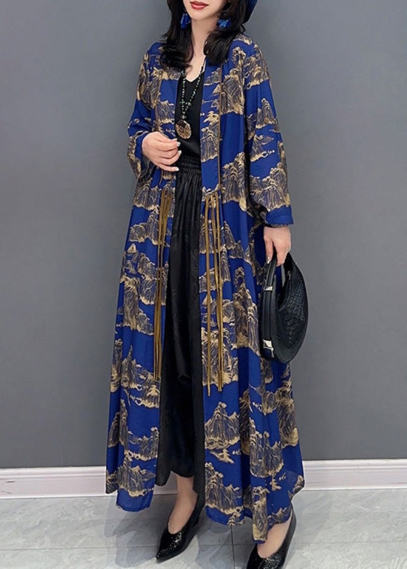 Sexy Blauwe Peter Pan-kraagprint Slanke Maxi-trenchcoats Met Lange Mouwen - Dames trenchcoats