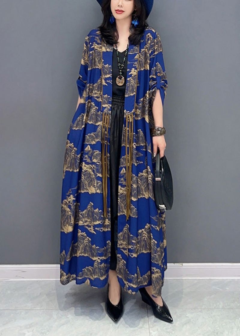 Sexy Blauwe Peter Pan-kraagprint Slanke Maxi-trenchcoats Met Lange Mouwen - Dames trenchcoats