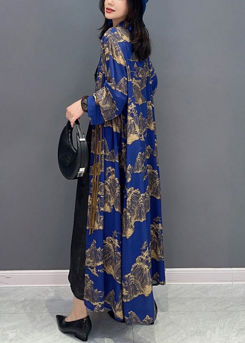 Sexy Blauwe Peter Pan-kraagprint Slanke Maxi-trenchcoats Met Lange Mouwen - Dames trenchcoats