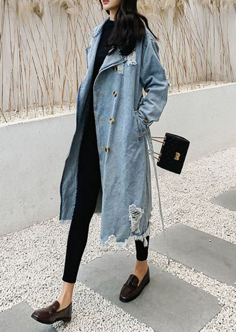 Stijl Blauwe Peter Pan Kraag Zakken Strik Taille Patchwork Denim Jas Herfst - Dames trenchcoats